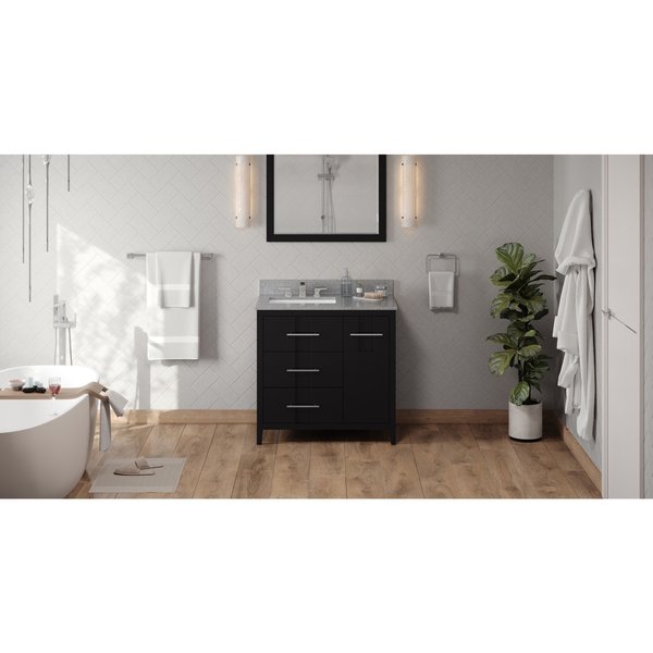 Jeffrey Alexander 36In. Black Katara Vanity, Left Offset, Steel Grey Cultured Marble Vanity Top, Undrmnt Rctngl Bowl VKITKAT36BKSGR